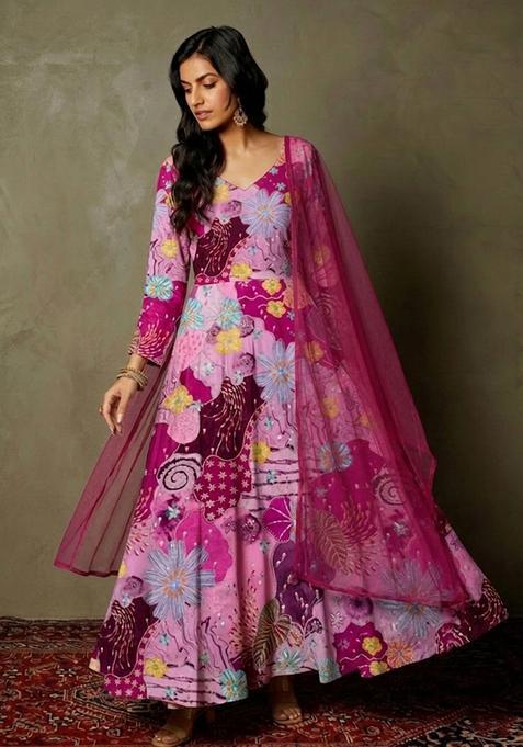 Magenta Pink Printed Crepe Anarkali 