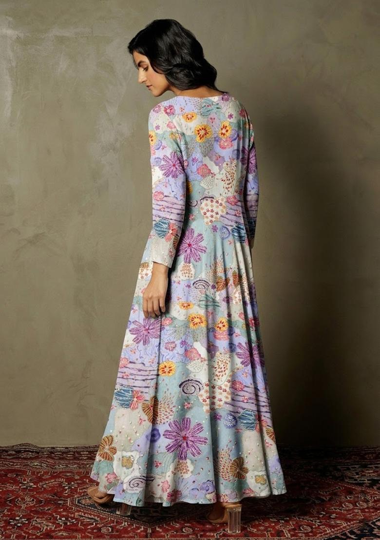 Lavender Purple Printed Crepe Anarkali  - Indya