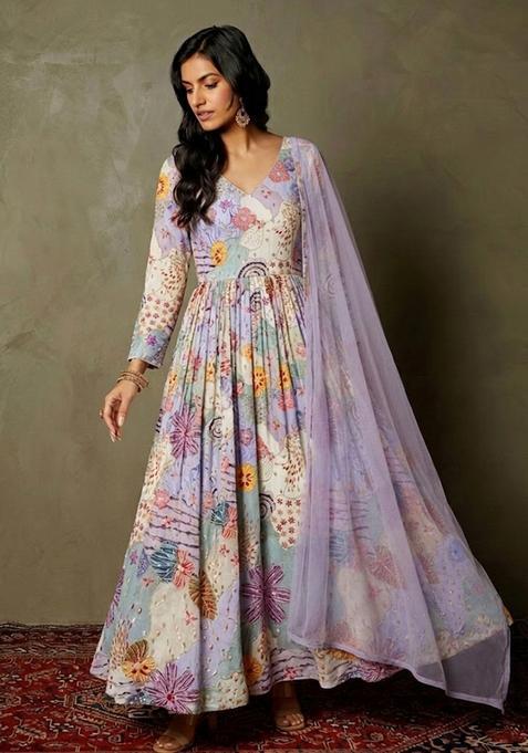 Lavender Purple Printed Crepe Anarkali 