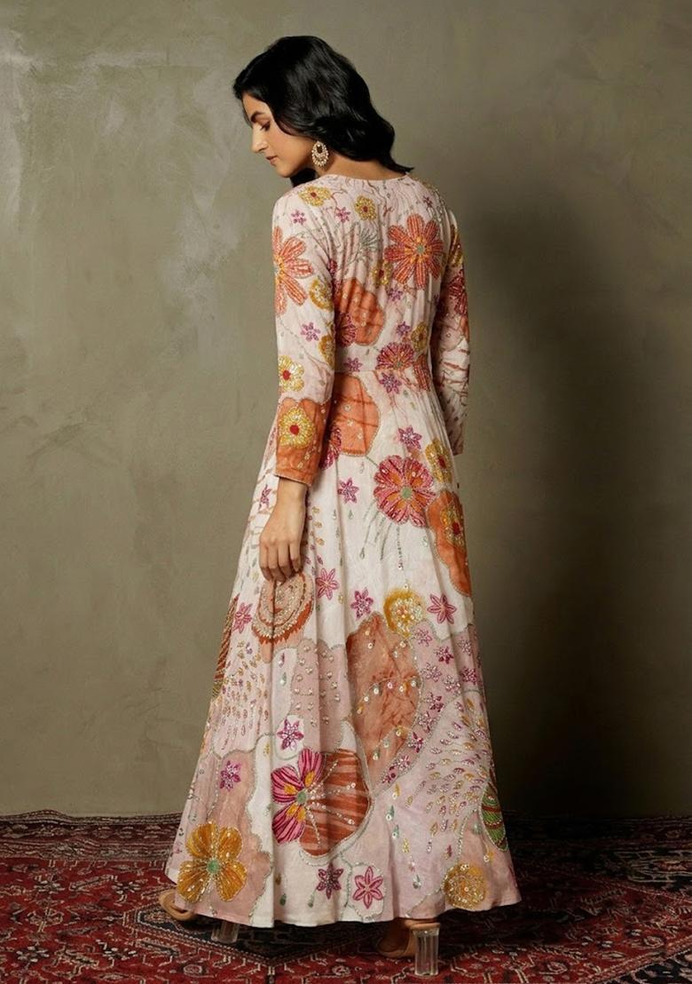 Off White Printed Crepe Anarkali  - Indya