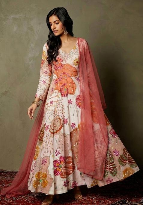 Off White Printed Crepe Anarkali 