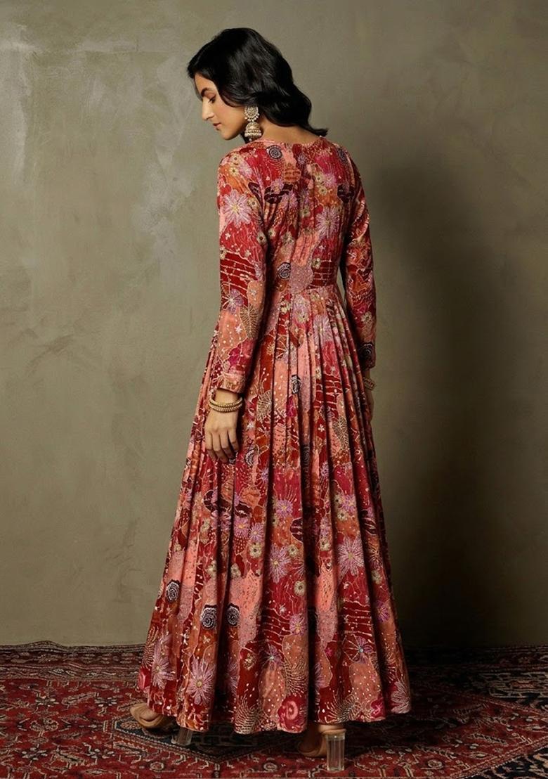 Rust Red Printed Crepe Anarkali  - Indya