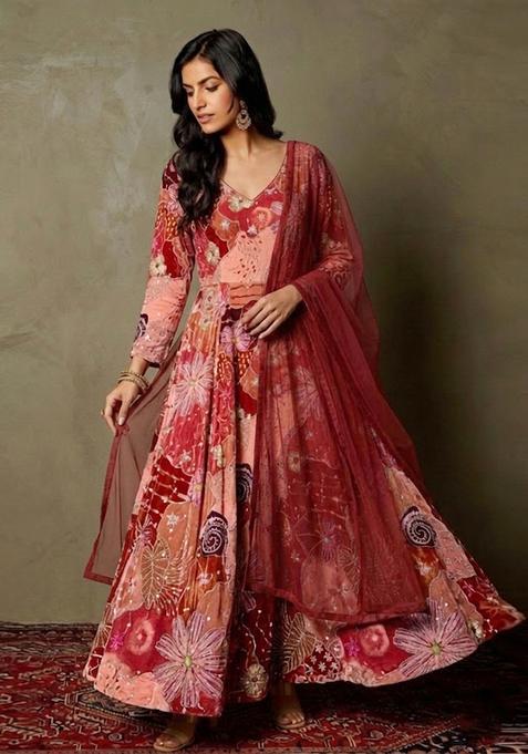 Rust Red Printed Crepe Anarkali 