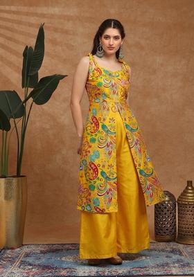 Mustard Yellow Printed Crepe Fusion Set