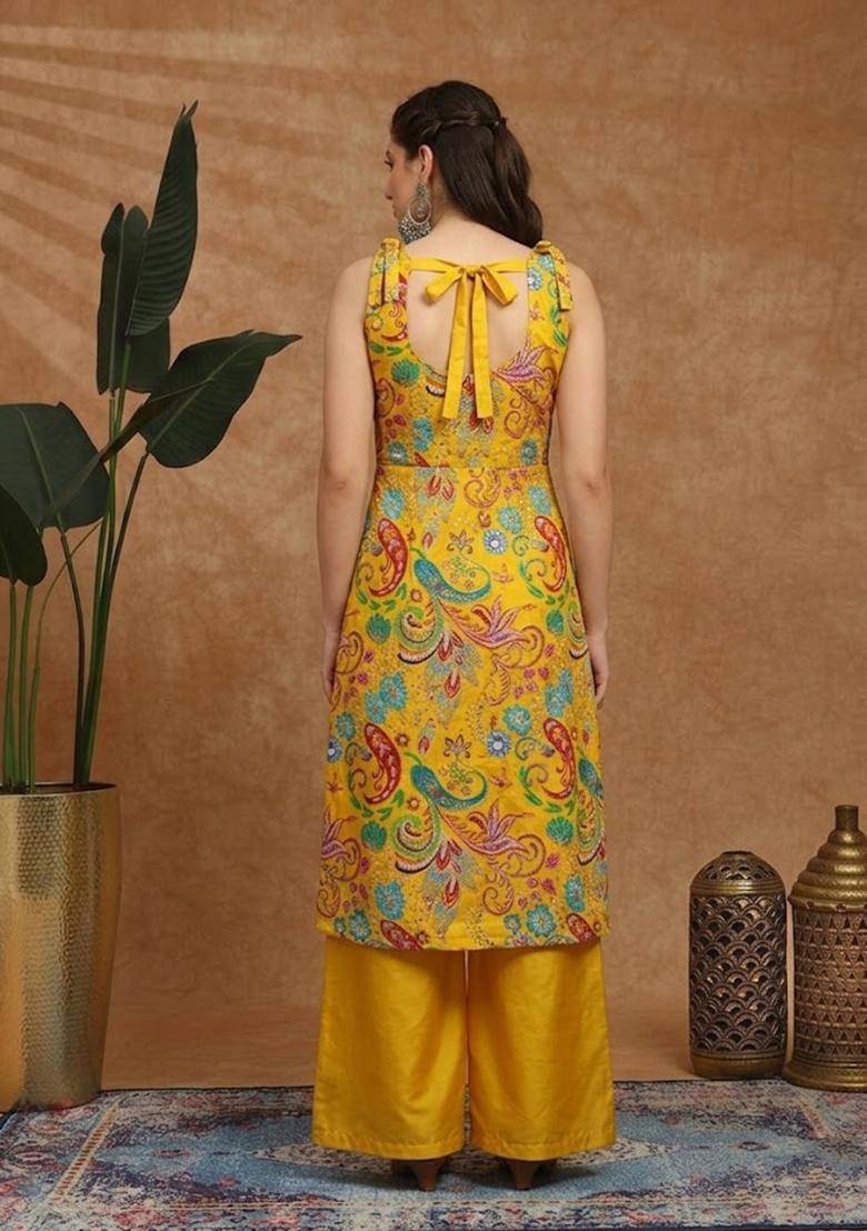 Mustard Yellow Printed Crepe Fusion Set - Indya