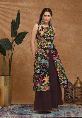 Dark Brown Printed Crepe Fusion Set