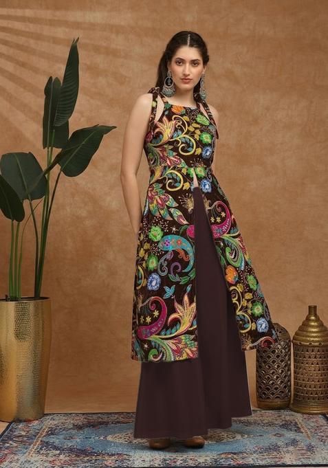 Dark Brown Printed Crepe Fusion Set