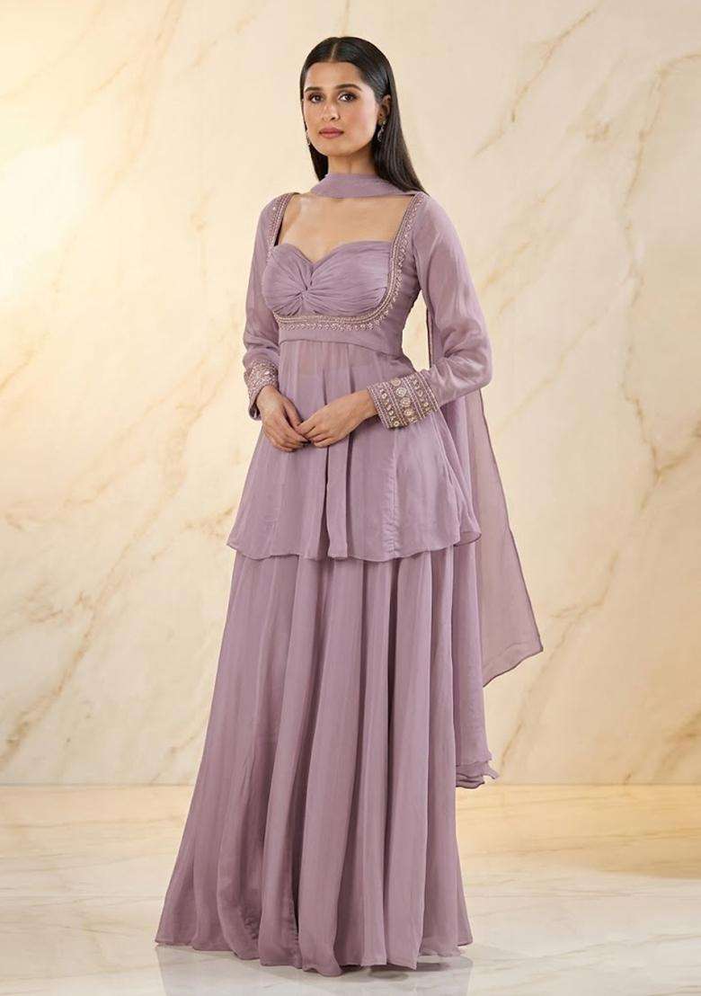 Dusty Lavender Handwork Sharara Set - Indya