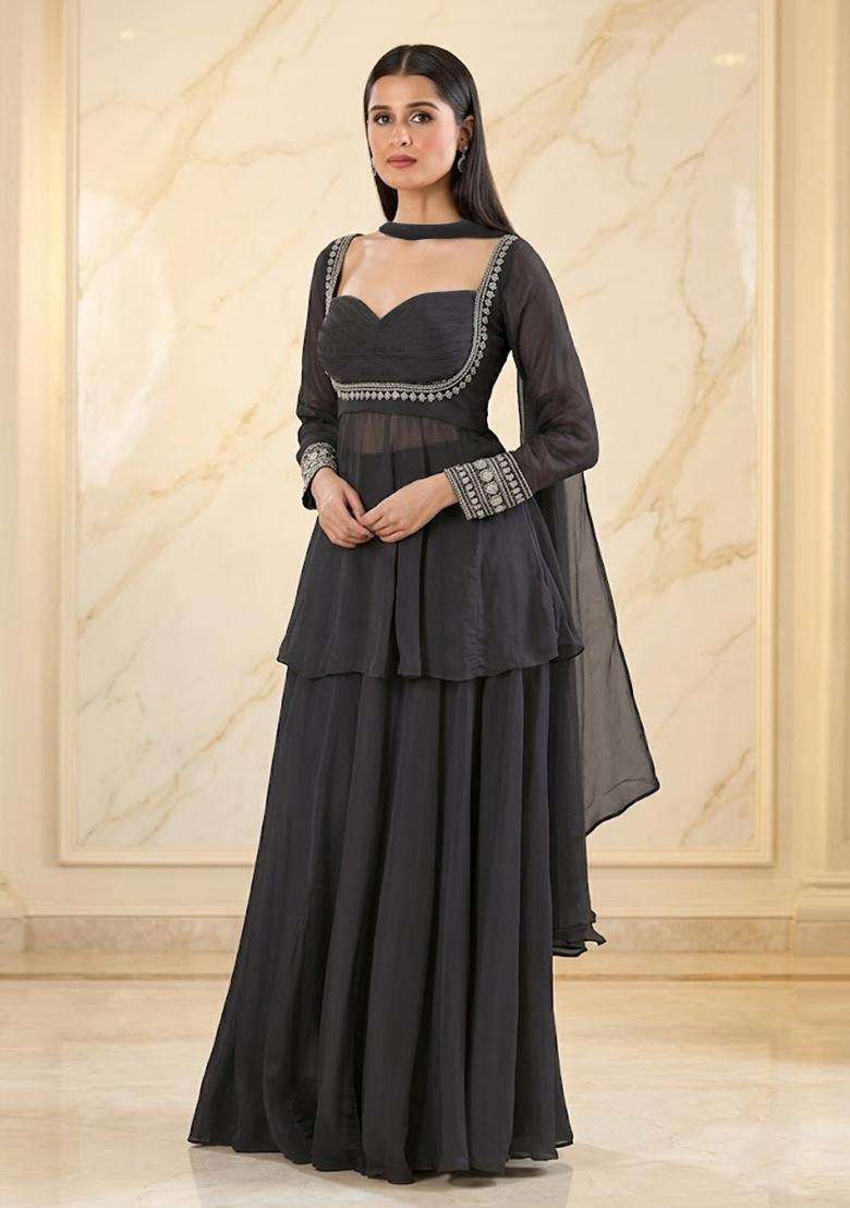 Black Handwork Sharara Set - Indya