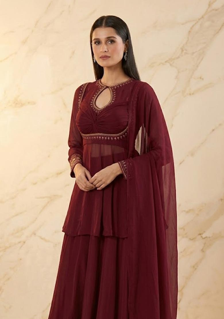 Deep Wine Handwork Sharara Set - Indya