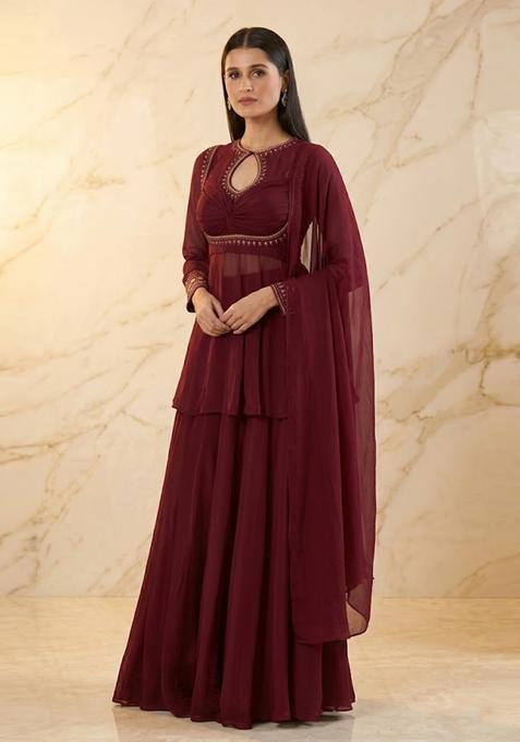 Deep Wine Handwork Sharara Set