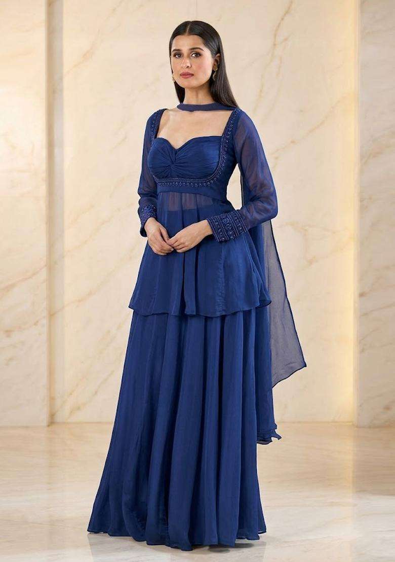 Royal Blue Handwork Sharara Set - Indya