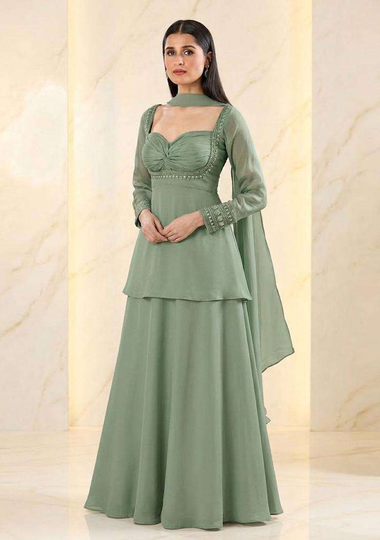 Sage Green Handwork Sharara Set - Indya