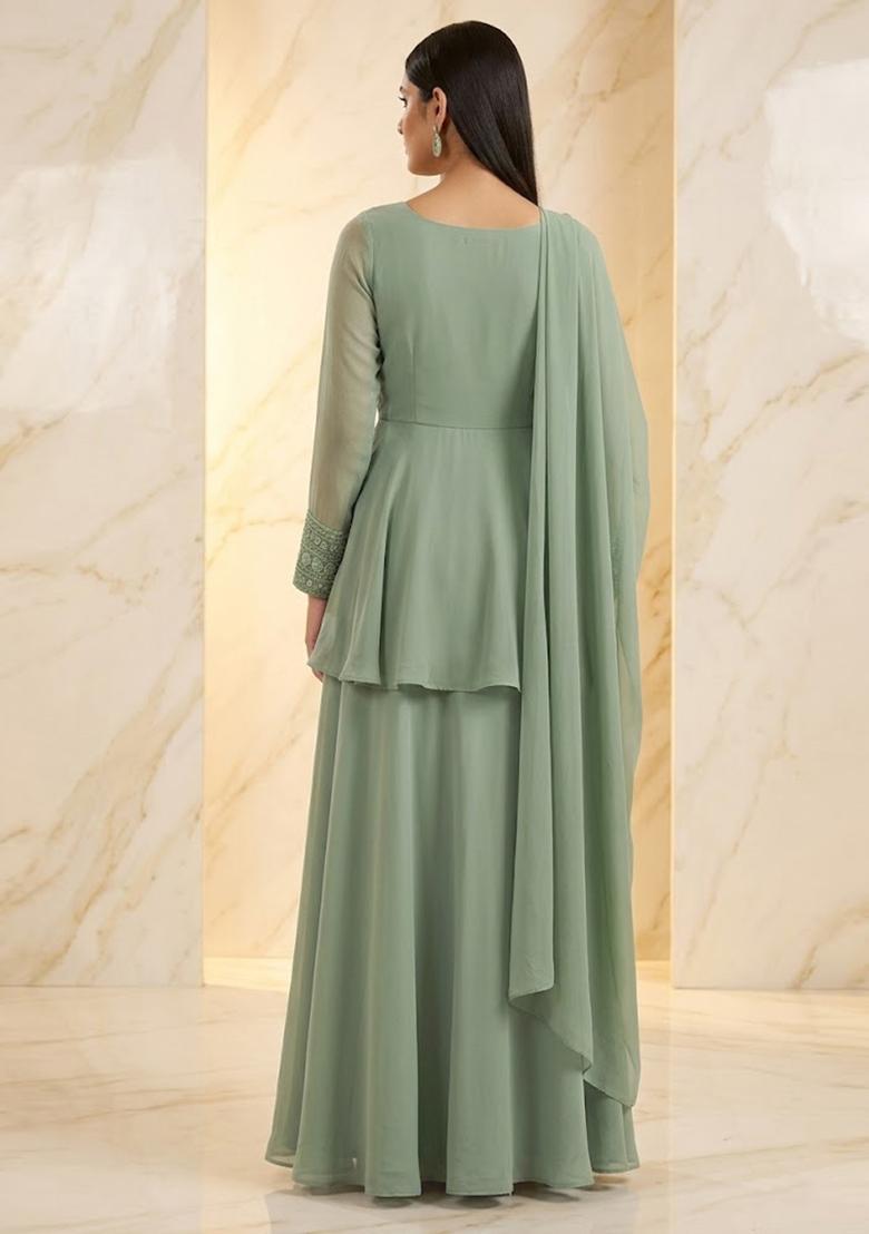Sage Green Handwork Sharara Set - Indya
