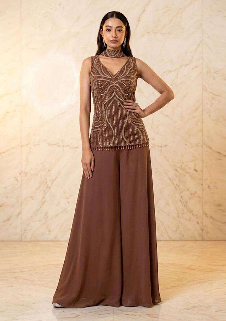 Chocolate Brown Handwork Sharara Set - Indya