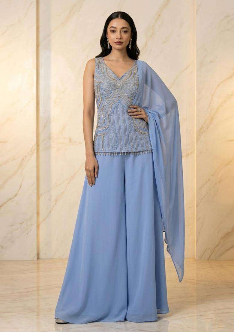 Periwinkle Blue Handwork Sharara Set - Indya
