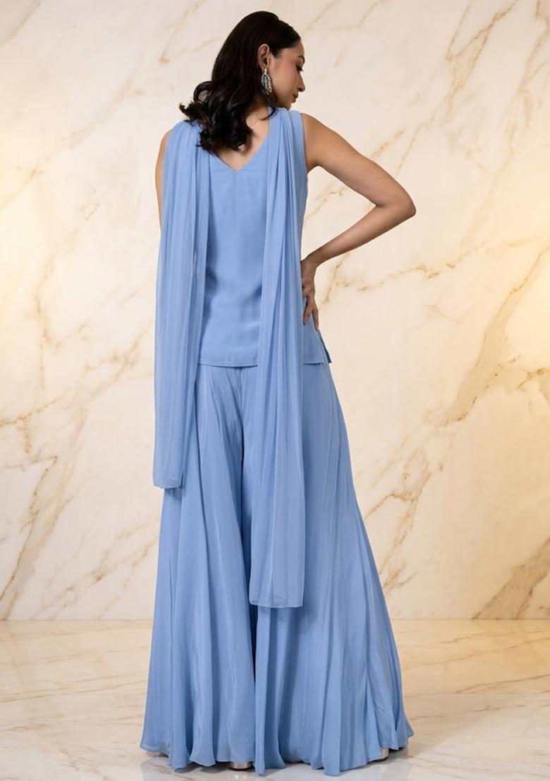 Periwinkle Blue Handwork Sharara Set - Indya