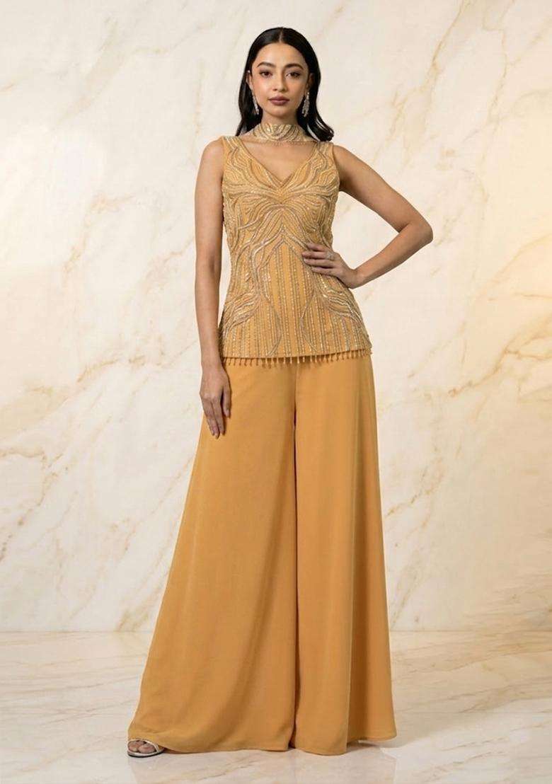 Mustard Yellow Handwork Sharara Set - Indya