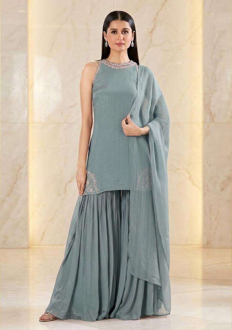 Steel Blue Handwork Sharara Set - Indya
