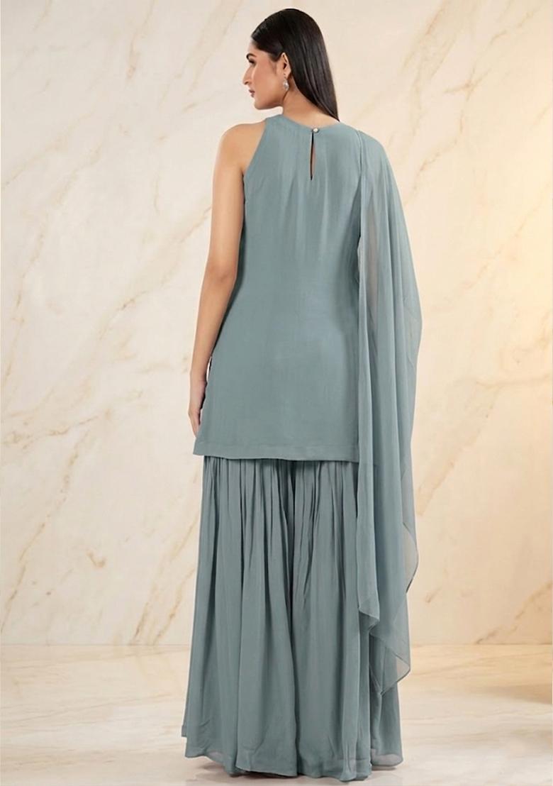 Steel Blue Handwork Sharara Set - Indya