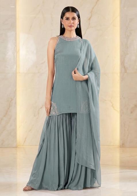 Steel Blue Handwork Sharara Set