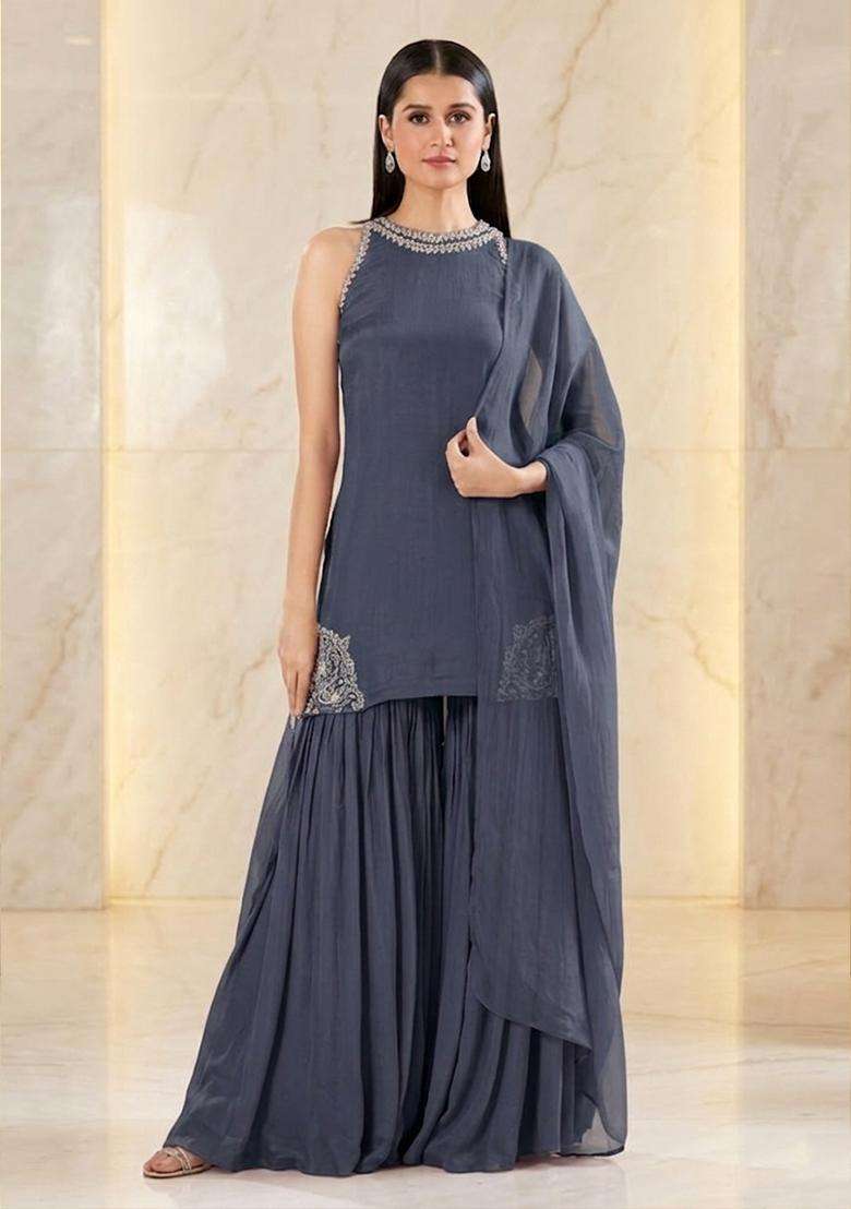 Navy Blue Handwork Sharara Set - Indya