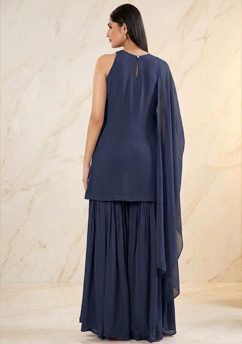 Navy Blue Handwork Sharara Set - Indya