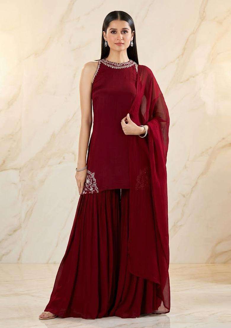 Deep Wine Handwork Sharara Set - Indya