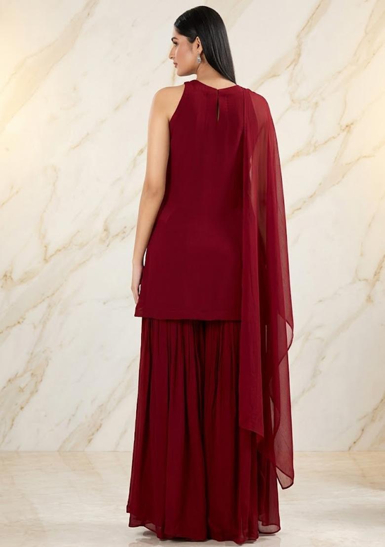 Deep Wine Handwork Sharara Set - Indya