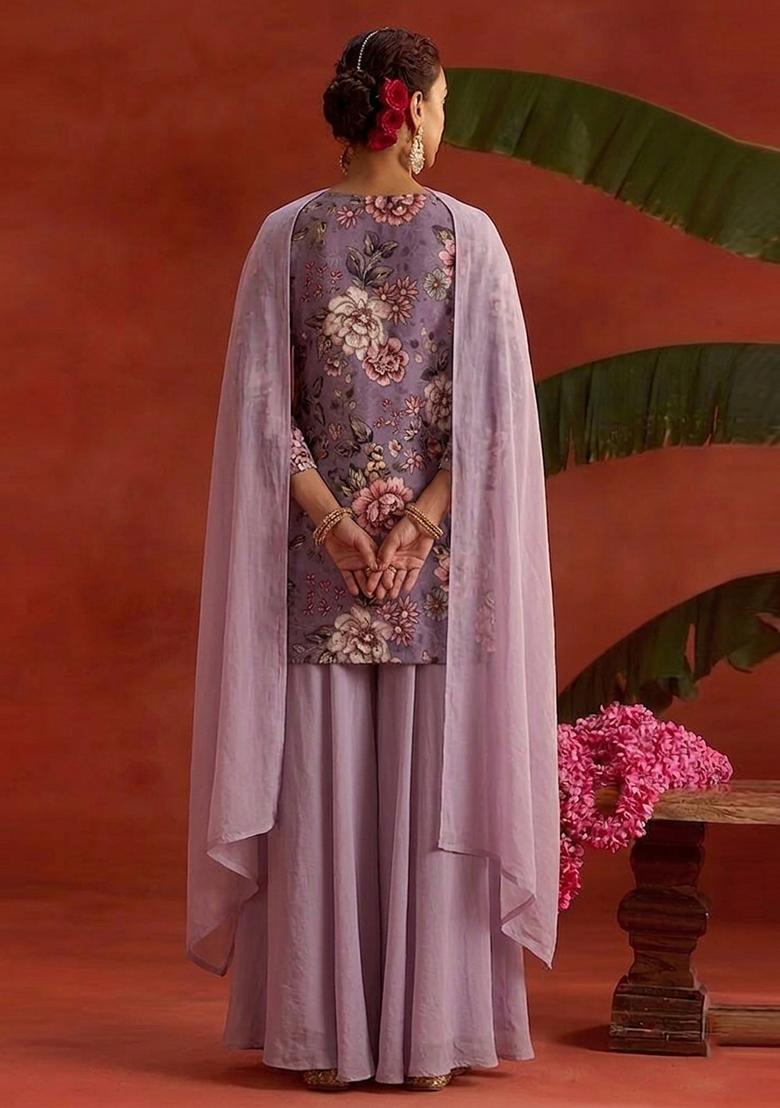 Dusty Lavender Printed Crepe Sharara Set - Indya