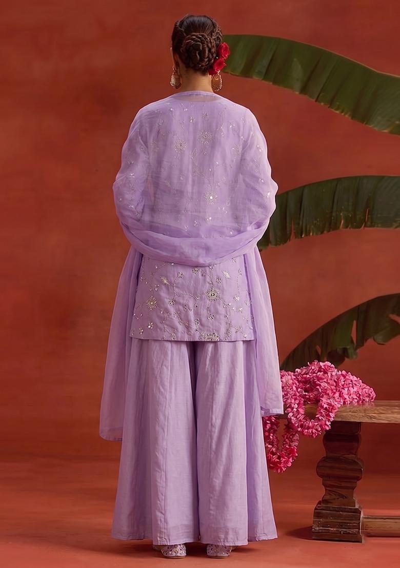Lilac Embroidered Silk Sharara Set - Indya