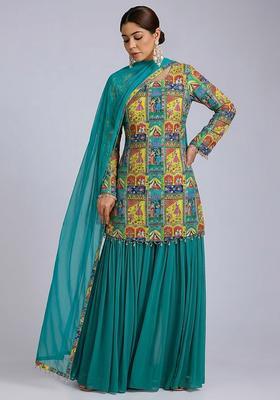 Teal Green Printed Crepe Sharara Set