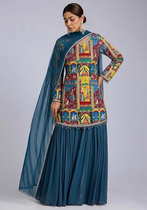 Midnight Blue Printed Crepe Sharara Set