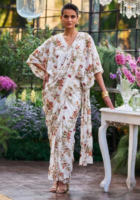 Ivory Embroidered Crepe Pre Draped Saree Set