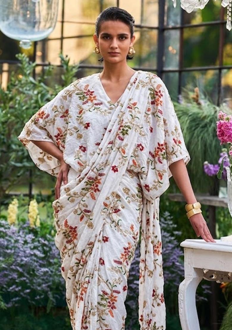 Ivory Embroidered Crepe Pre Draped Saree Set - Indya