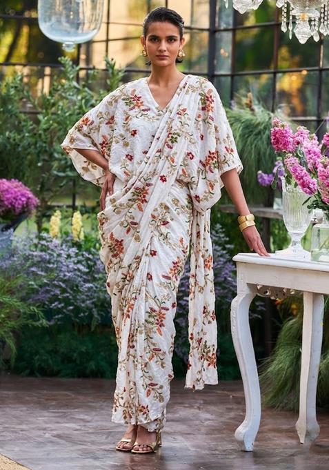 Ivory Embroidered Crepe Pre Draped Saree Set