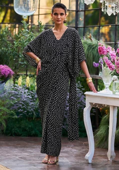 Black Printed Crepe Pre Draped Saree Set