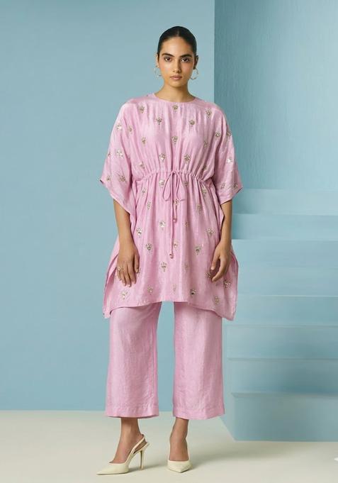 Soft Pink Embroidered Silk Kurta Set