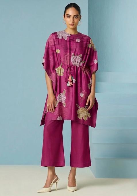 Rani Pink Embroidered Chanderi Kurta Set