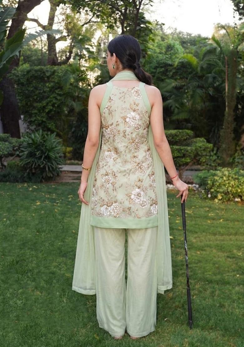 Mint Green Printed Crepe Kurta Set - Indya