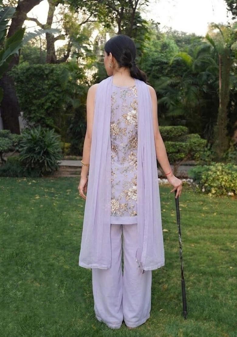 Lilac Printed Crepe Kurta Set - Indya