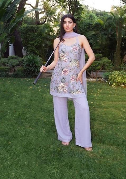 Lilac Printed Crepe Kurta Set