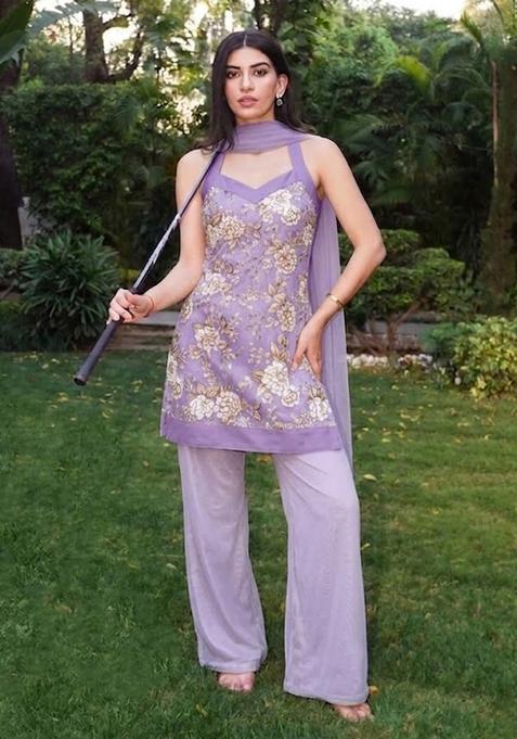 Lavender Printed Crepe Kurta Set