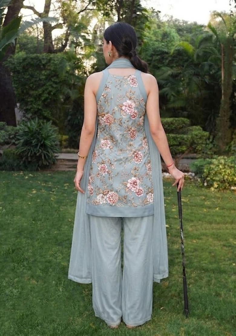 Powder Blue Printed Crepe Kurta Set - Indya