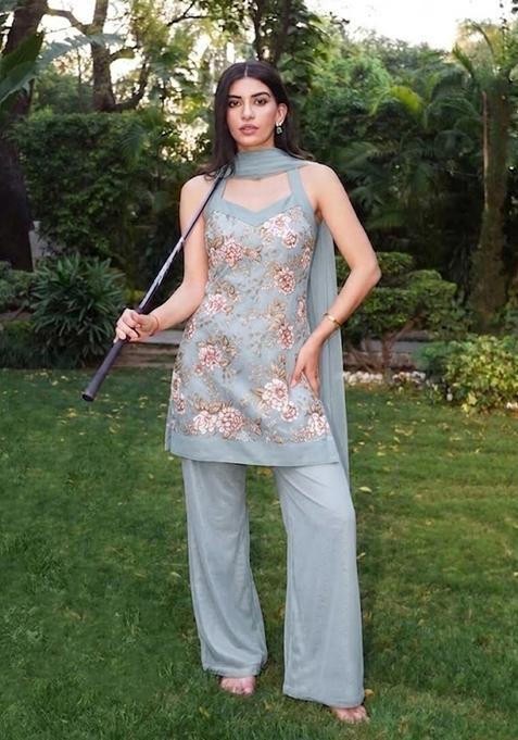 Powder Blue Printed Crepe Kurta Set