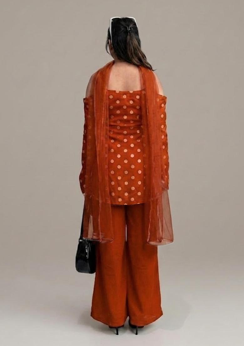 Rust Brown Zari Crepe Kurta Set - Indya