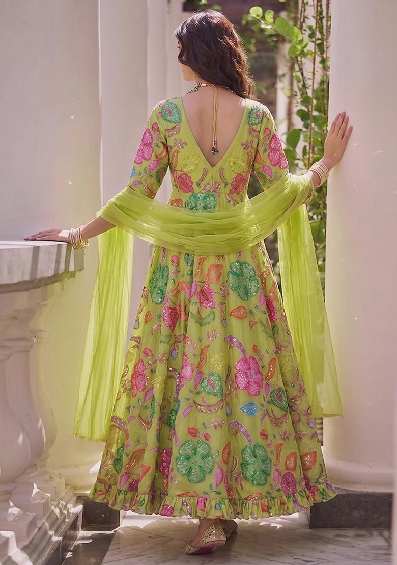 Lime Yellow Printed Anarkali with Dupatta - Indya