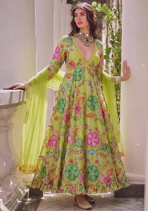 Lime Yellow Printed Anarkali with Dupatta