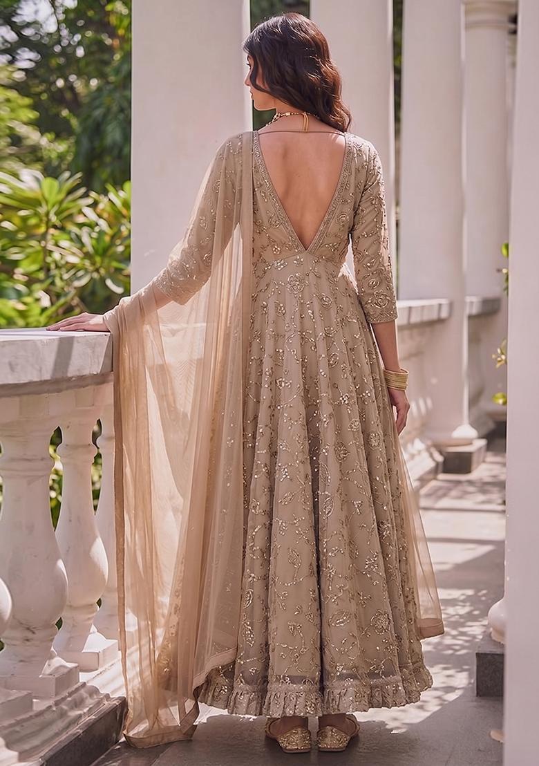 Beige Embroidered Net Anarkali with Dupatta - Indya