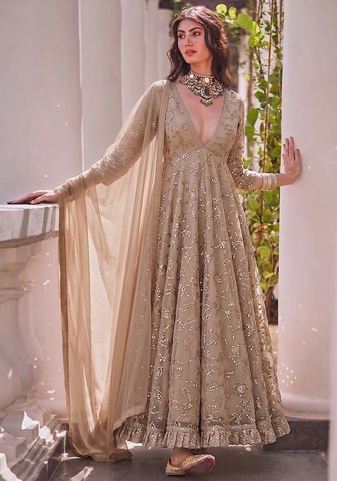 Beige Embroidered Net Anarkali with Dupatta